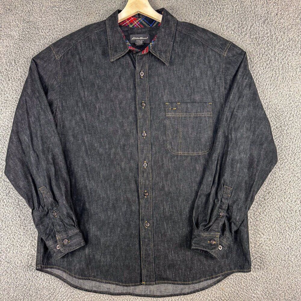 Eddie Bauer Jean‎ Shirt Men Large Black Denim Western Cowboy Outdoor Workwear.